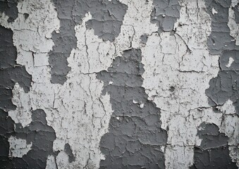 Obraz premium Close-up of an old wall surface with peeling gray and white paint revealing cracks and rough texture evoking decay and aging