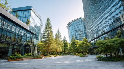 Modern Corporate Campus Surrounded by Lush Trees and Glass Buildings