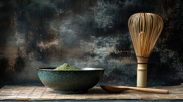 Matcha tea set with bowl, whisk, and spoon against a dark artistic background. Use this image for recipes, wellness articles, or healthy eating guides.