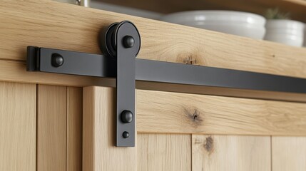 Close-up of a black sliding barn door track hardware on a light wood cabinet. Great for illustrating modern, rustic, or farmhouse style interior design.