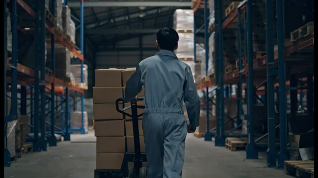 Asian man loader pushing a cart with boxes in a warehouse for storage and logistics
