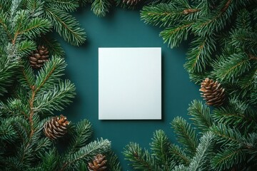 Fototapeta premium Square blank white card surrounded by green pine branches and pine cones on dark teal background
