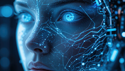 Close Up Futuristic Face Technology Interface	
