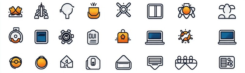 Set of 25 minimalistic technology and communication icons in navy blue and orange colors with outlines on white background