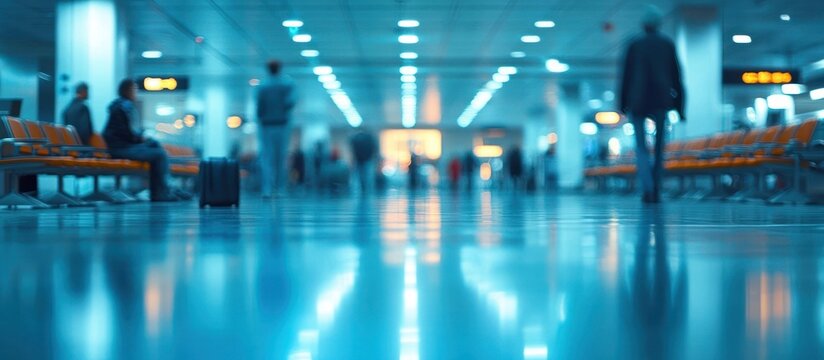 blurred image of people walking and sitting in a brightly lit modern airport terminal corridor with reflective floor and rows of orange chairs