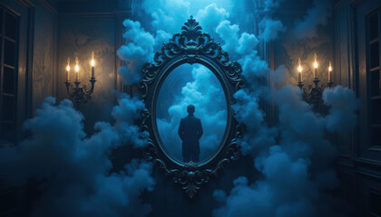 Mysterious Ornate Mirror At Night Under Blue Smoke	
