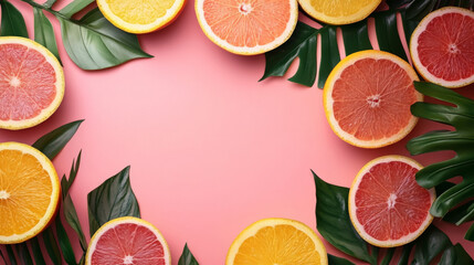 Citrus fruits and tropical leaves on pink background, Flat lay composition with copy space