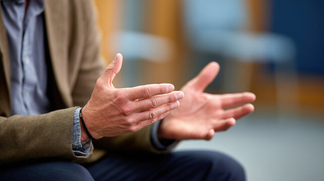 Closeup of person gesturing with hands during conversation or discussion indoor setting, showing expressive hand movements and body language, conveying emphasis or explanation, with blurred