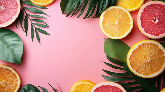 Citrus fruit and Tropical Palm Tree Leaves on a pink background. Summer Abstract Background - Powered by Adobe