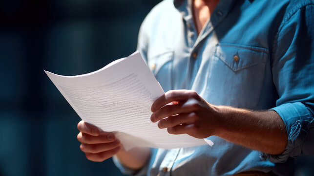 Person reading script or document outdoors, wearing blue shirt, with focus on hands and paper, conveying concentration and engagement in professional or casual setting