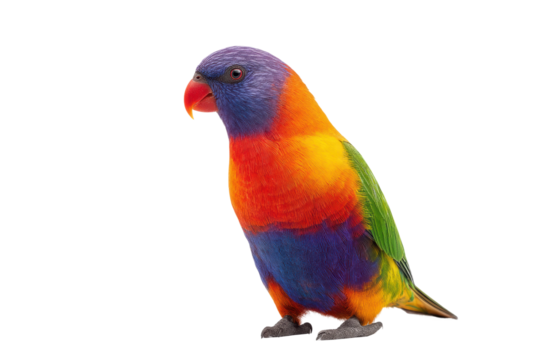 Vibrant rainbow lorikeet parrot with multicolored plumage on black background, cut out