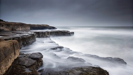 Obraz premium Coastal Rocks Ocean Mist Dramatic Seascape