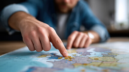 Obraz premium Person is pointing at specific location on world map with their finger, indicating travel or geographic decision. focus is on hand and map, with blurred background