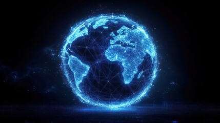 Digital glowing blue globe showing continents connected by a network of light lines on a dark background representing global connectivity and technology