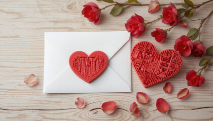 Red Heart And White Envelope On Light Wooden Background	
