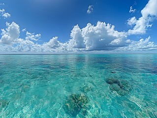 Tranquil ocean horizon with brilliant sunlight reflection, azure blue waters