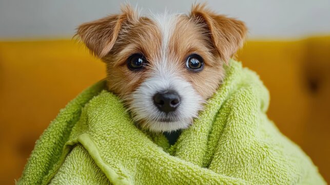 Close-up of a small brown and white puppy wrapped snugly in a bright green towel with a cozy and calm expression