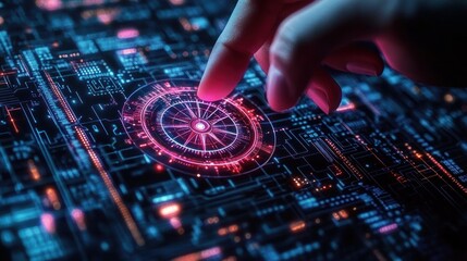 Finger interacting with a glowing digital interface displaying futuristic circular technology and circuit board elements in a dark high-tech environment