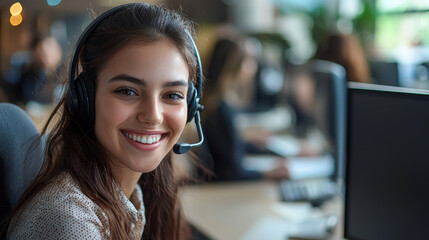 Smiling woman call center operator using a headset and computer in the office.