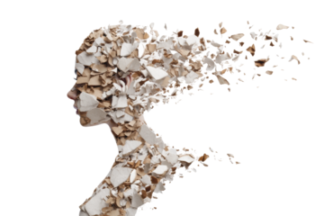 Surreal caucasian female profile transforming into disintegrating eggshells, cut out