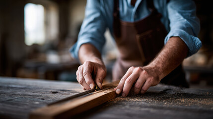 Close up of craftsman working on wooden piece in workshop, focusing on detailed woodworking process with natural light illuminating scene, showing skill and craftsmanship