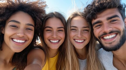 Fototapeta premium Group of friends from different backgrounds huddled together for a selfie at the beach. 