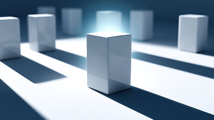 Group of white rectangular blocks casting long shadows on surface with bright light source behind central block, creating dramatic and abstract scene