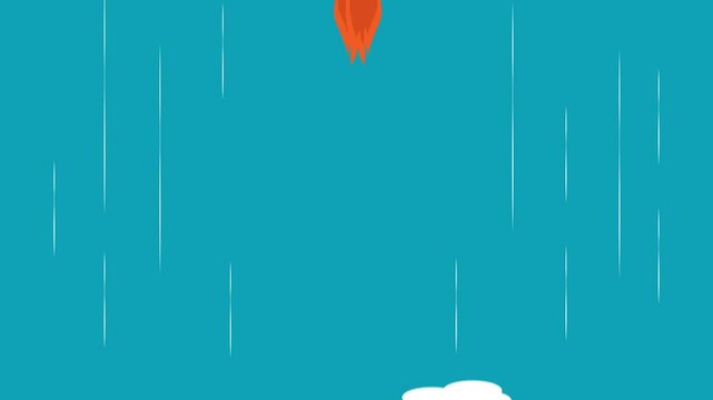 Flat-style rocket launch animation with flames, clouds, and a clear sky background &mdash; ideal for startups, tech, or space-themed content.