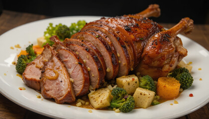 Roasted Duck Slices With Vegetables On Plate	
