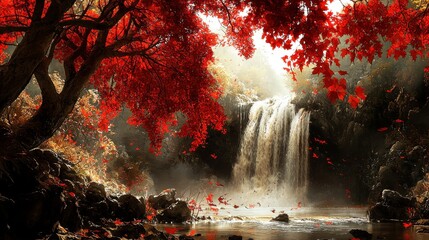 Ethereal Autumn Waterfall in a Hidden Valley Red Leaves and Misty Serenity