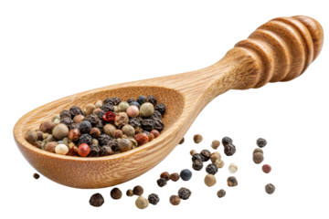 Wooden spoon filled with colorful peppercorns against black background, cut out