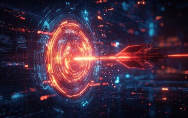 futuristic digital arrow hitting a glowing circular target with neon blue and orange light effects representing precision and high technology