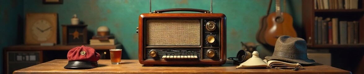 A vintage radio with comedic props scattered around it, suggesting a lively radio show scene  Perfect for advertising, broadcasting, or retro-themed projects ,  tubes,  comedy show