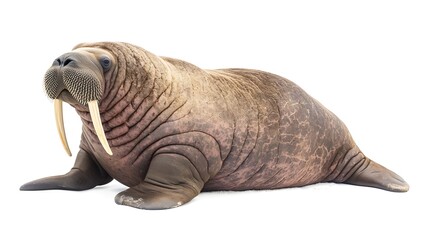 Fototapeta premium A walrus resting on the ground, showcasing its large tusks and whiskered face in a natural setting.