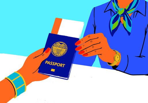 Illustration of a passport and ticket being handed over at an airport check-in desk