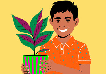 Illustration of a smiling boy holding a potted plant with green and purple leaves