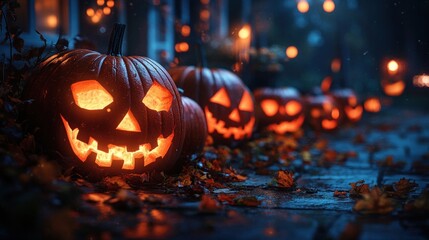 Row of illuminated carved pumpkins with menacing faces glowing warmly on a dark, wet pavement scattered with autumn leaves during evening