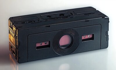 Obraz premium close-up of black vintage audio cassette tape on white surface with soft lighting