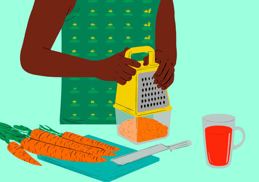 Illustration of a person grating carrots with a glass of juice on a kitchen counter