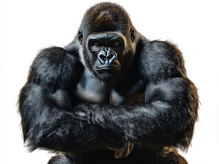 Close-up of a large muscular gorilla with intense, focused expression sitting with arms crossed against a white background