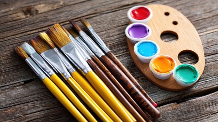 Naklejka premium Set of paintbrushes with yellow and brown handles wooden palette with five small containers of colorful paint including red purple blue orange and green rustic wooden surface ready for painting