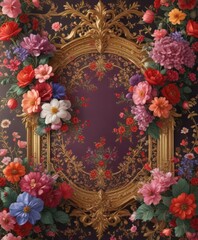 Rich tapestry-like wallpaper, colorful blossoms, gilded accents, fabric, vintage, intricate