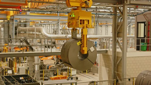 A large clamp on a crane puts down a heavy steel coil in an automated factory