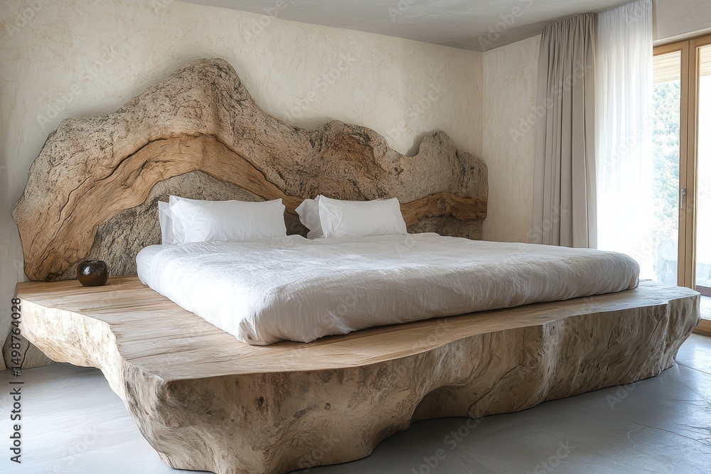 Poster unique platform bed with a raw-edge wood frame and stone-like headboard. use this image to showcase 
