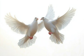 Two white doves in mid-flight with wings fully extended against a bright, soft background evoking peace and purity