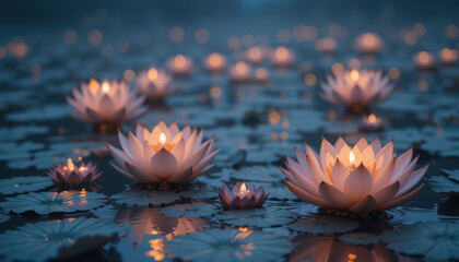 Illuminated Lotus Candles On Water	
