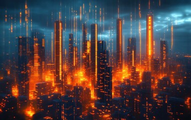 Futuristic cityscape at night with towering skyscrapers emitting glowing orange light streams under a moody cloudy sky, creating an intense vibrant atmosphere