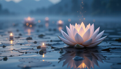 Illuminated Lotus Candles On Water	
