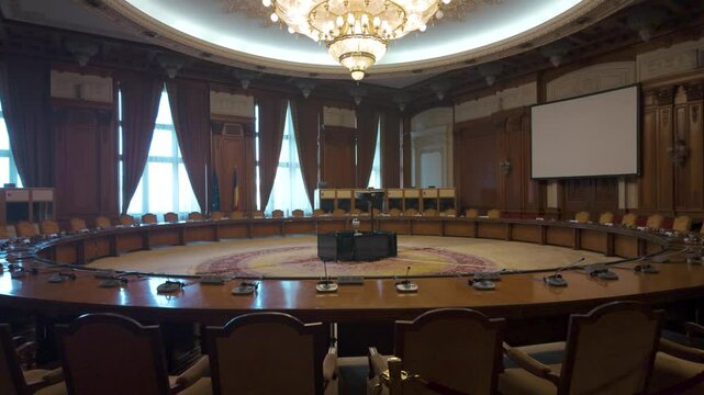 Meeting room with round table and chairs in romanian parliament