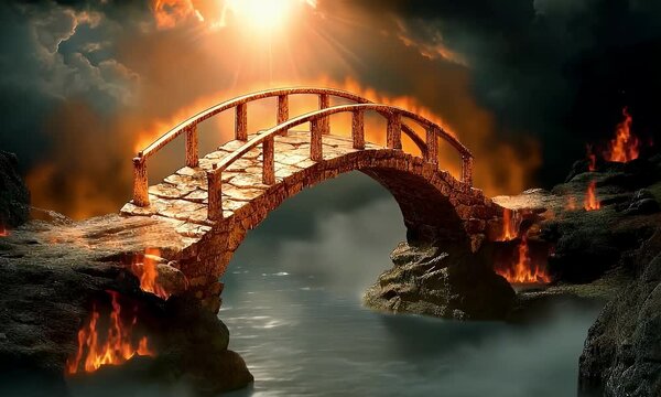 Stone bridge over fiery chasm, sunlit sky